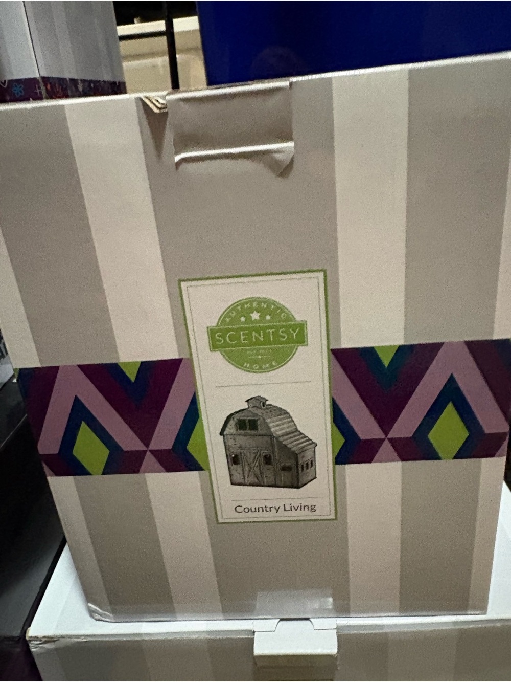 Scentsy Cream Barn Warmer with Purple and Green Geometric Band
